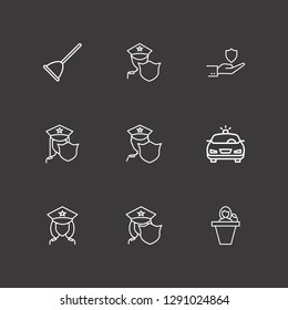 Outline 9 assistance icon set. police, speaker human, hand with shield and toilet pump vector illustration