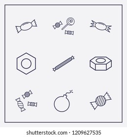 Outline 9 assorted icon set. nut, bomb and halloween candy vector illustration