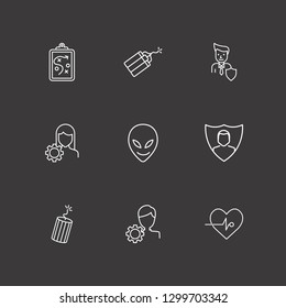 Outline 9 attack icon set. heart impulse, alien, dynamite and user shield vector illustration