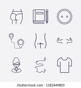 Outline 9 back icon set. teacher, distance, t shirt, ass figure, figure ass, bodybuilder, book and pencil and dress button vector illustration