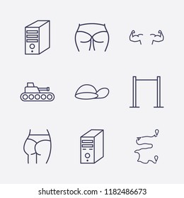 Outline 9 back icon set. ass figure, distance, tank, pc case, cap, bodybuilder and pull up vector illustration