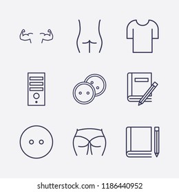 Outline 9 back icon set. dress button, t shirt, book and pencil, figure ass, pc case, bodybuilder and ass figure vector illustration