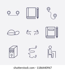 Outline 9 back icon set. cap, pupil, distance, book and pencil, bodybuilder and pc case vector illustration