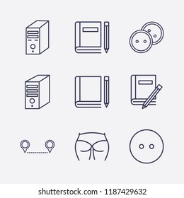 Outline 9 back icon set. book and pencil, pc case, ass figure, distance and dress button vector illustration