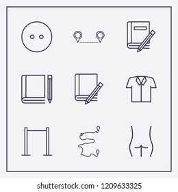 Outline 9 back icon set. dress button, pull up, shirt and book and pencil vector illustration