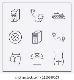 Outline 9 back icon set. pc case, figure ass, distance and shirt vector illustration