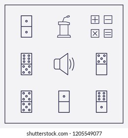 Outline 9 balance icon set. calculator, tribune, sound and domino vector illustration