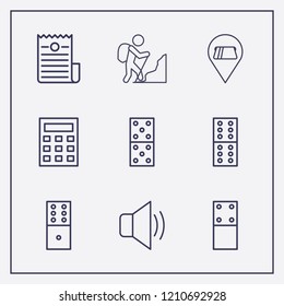 Outline 9 balance icon set. calculator, rock climber, sound and location cash withdrawal vector illustration