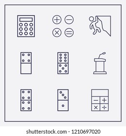 Outline 9 balance icon set. domino, rock climber, calculator and tribune vector illustration