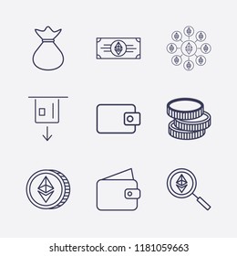 Outline 9 banking icon set. ethereum money, money bag, card withdrawal, ethereum search, ethereum network, wallet, coin and ethereum coin vector illustration