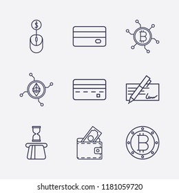 Outline 9 banking icon set. bitcoin, ethereum network, card withdrawal, cheque, wallet, credit card, online shopping and network bitcoin vector illustration