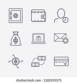 Outline 9 banking icon set. ethereum bag, credit card, money exchange, wallet, safe, online shopping, user clock, mail setting and ethereum network vector illustration