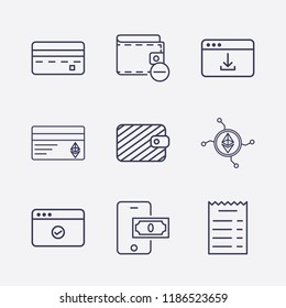 Outline 9 banking icon set. money check, credit card, browser with download, wallet, browser check, remove wallet, ethereum card, mobile payment and ethereum network vector illustration
