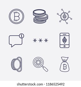 Outline 9 banking icon set. password, chat notification, bitcoin, coin acceptor, ethereum network, search setting, coin, ethereum with smartphone and bitcoin bag vector illustration
