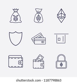 Outline 9 banking icon set. money bag, ethereum lock, ethereum bag, card withdrawal, wallet, ethereum, credit card and check vector illustration