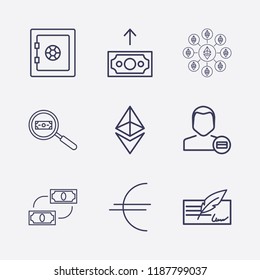 Outline 9 banking icon set. ethereum, money up, money exchange, money check, search money, user payment, euro, safe and ethereum network vector illustration
