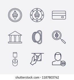 Outline 9 banking icon set. money with hand, coin acceptor, user payment, ethereum search, ethereum coin, credit card, online book order and bank vector illustration