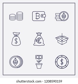 Outline 9 banking icon set. download box, money tree plant, ethereum coin and bitcoin wallet vector illustration