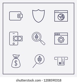Outline 9 banking icon set. browser setting, ethereum search, money bag and wallet vector illustration