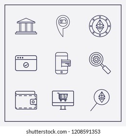 Outline 9 banking icon set. browser check, online shop, ethereum search and ethereum coin vector illustration