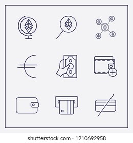 Outline 9 banking icon set. ethereum search, ethereum with globe, wallet and ethereum network vector illustration