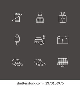 Outline 9 battery icon set. smart plug, electric car, car battery and electro car vector illustration