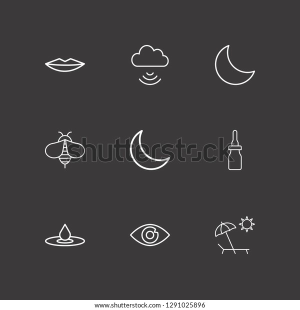 Outline 9 beauty icon set. cloud, moon,\
pipette bottle and beach vector\
illustration