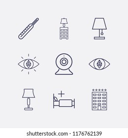 Outline 9 bed icon set. webcam, medicine bed, lampshade, hotel, medicine thermometer and ethereum with eye vector illustration