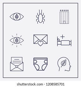 Outline 9 bed icon set. bug, head with leaf, medicine bed and love message vector illustration