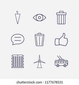 Outline 9 blue icon set. thumb up, umbrella, bubble chat, windmill, building, trolleybus, bin and eye vector illustration