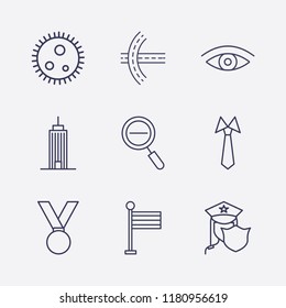 Outline 9 blue icon set. flag, zoom out, building, eye, road, human cell, medal, police and tie vector illustration