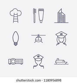 Outline 9 blue icon set. toothbrush and toothpaste, lamp, police, projector, ship, helicopter, building and cloud with ladder vector illustration