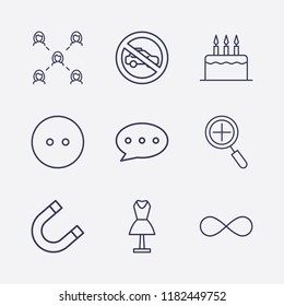 Outline 9 blue icon set. mannequin, dress button, cake, network, chat bubble, magnet, forbidden taxi, zoom and infinity vector illustration