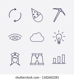 Outline 9 blue icon set. refresh, eye, chart, cloud, lamp, miner, binoculars, police and party cone vector illustration