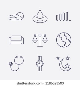 Outline 9 blue icon set. signal bars, drop, wrist watch, pill, sofa, earth, moon, stethoscope and balance vector illustration