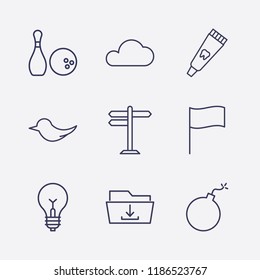 Outline 9 blue icon set. flag, bowling, cloud, download folder, bomb, toothpaste tube, bird, lamp and road sign vector illustration
