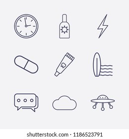 Outline 9 blue icon set. cloud, energy, bubble chat, ufo, surfing board, toothpaste tube, clock, pill and sunscreen vector illustration