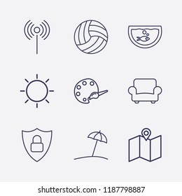 Outline 9 blue icon set. aquarium, armchair, map, signal, palette, shield lock, beach, sun and volleyball ball vector illustration