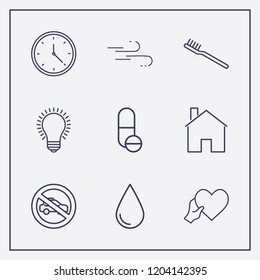 Outline 9 blue icon set. toothbrush, clock, drop and heart with hand vector illustration