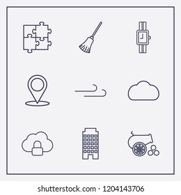 Outline 9 blue icon set. wind, cloud lock, wrist watch and cloud vector illustration
