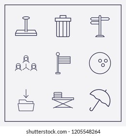 Outline 9 blue icon set. flag, bin, network and ironing table vector illustration
