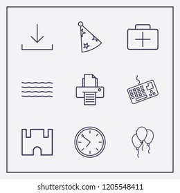 Outline 9 blue icon set. clock, balloon, carnaval hat and castle vector illustration