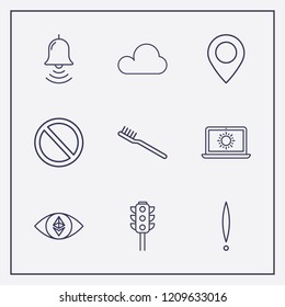 Outline 9 blue icon set. laptop with sun, location, ethereum with eye and toothbrush vector illustration
