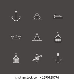 Outline 9 boat icon set. ship, anchor, rowing and crane box vector illustration