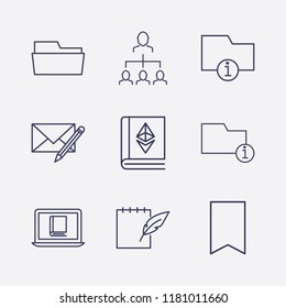 Outline 9 book icon set. bookmark, businessman organized, folder, notebook feather pen, information folder, edit message, online book reading and ethereum book vector illustration