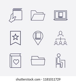 Outline 9 book icon set. favorite book, bookmark, hand with book, folder, pupil, businessman organized, online book reading and library location vector illustration