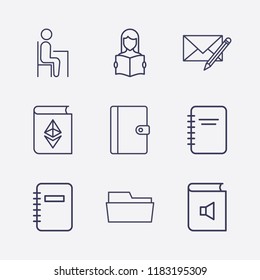 Outline 9 book icon set. pupil, edit message, book sound, ethereum with book, folder, read the book and notebook vector illustration