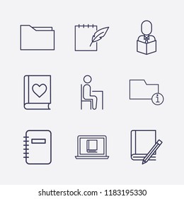 Outline 9 book icon set. folder, online book reading, pupil, information folder, notebook, book and pencil, favorite book, vector illustration