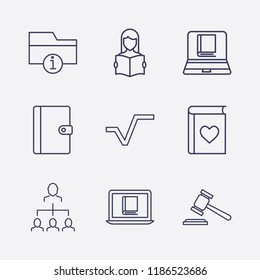 Outline 9 book icon set. favorite book, online book reading, information folder, businessman organized, notebook, gavel, read the book and square root vector illustration