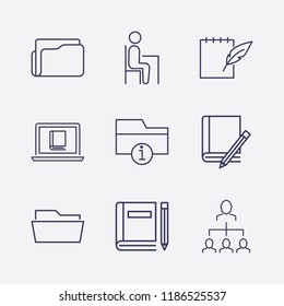 Outline 9 book icon set. information folder, pupil, notebook feather pen, folder, online book reading, businessman organized and book and pencil vector illustration